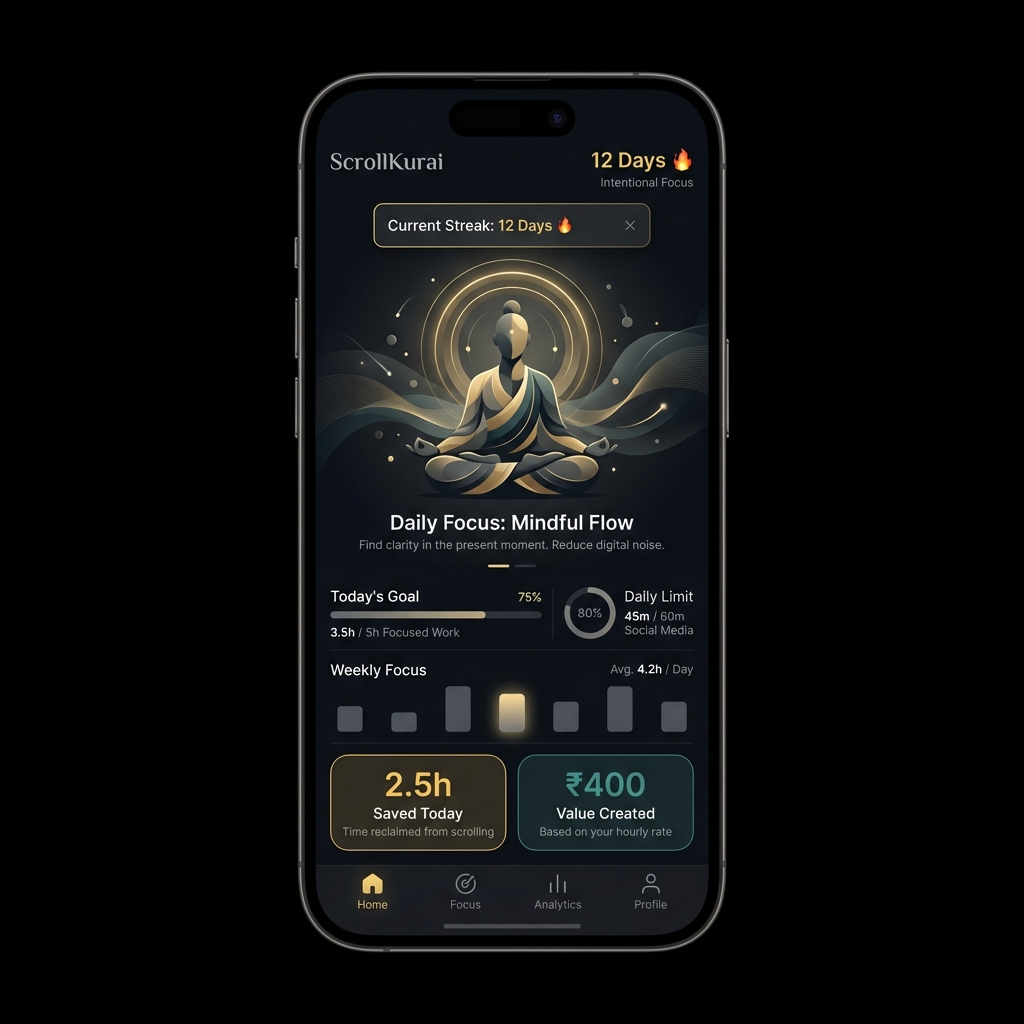 ScrollKurai App - Focus Dashboard showing daily goals, streak counter, time saved, and mindful focus mode